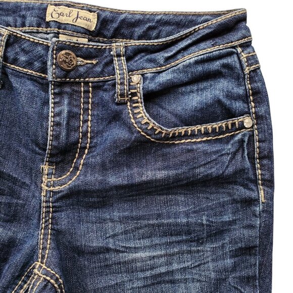 Earl Jeans Straight Leg Embellished Thick Stitching Crystal Button Flap Pocket 4 - Picture 6 of 16